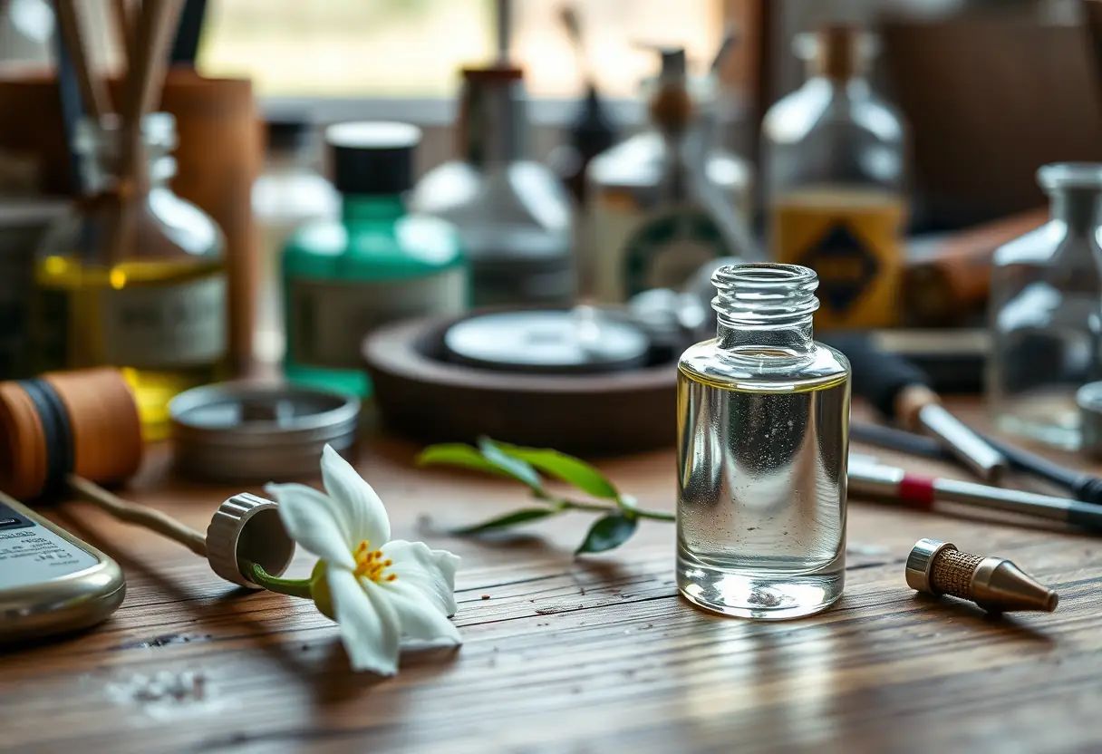 Un bureau en bois avec divers objets, dont un flacon contenant du parfum et une branche de jasmin, mettant en valeur la complexité du parfum Good Girl.