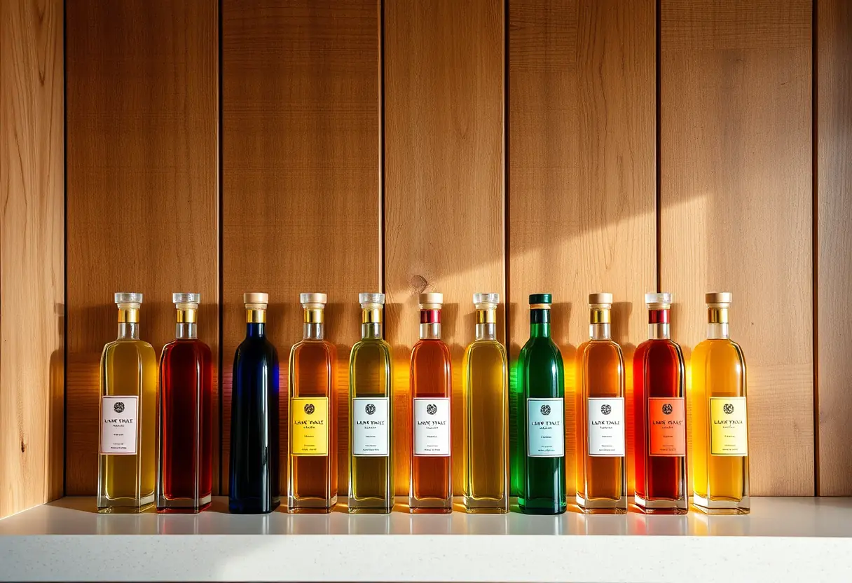 Des bouteilles de parfum alignées sur une étagère dans une pièce ancienne