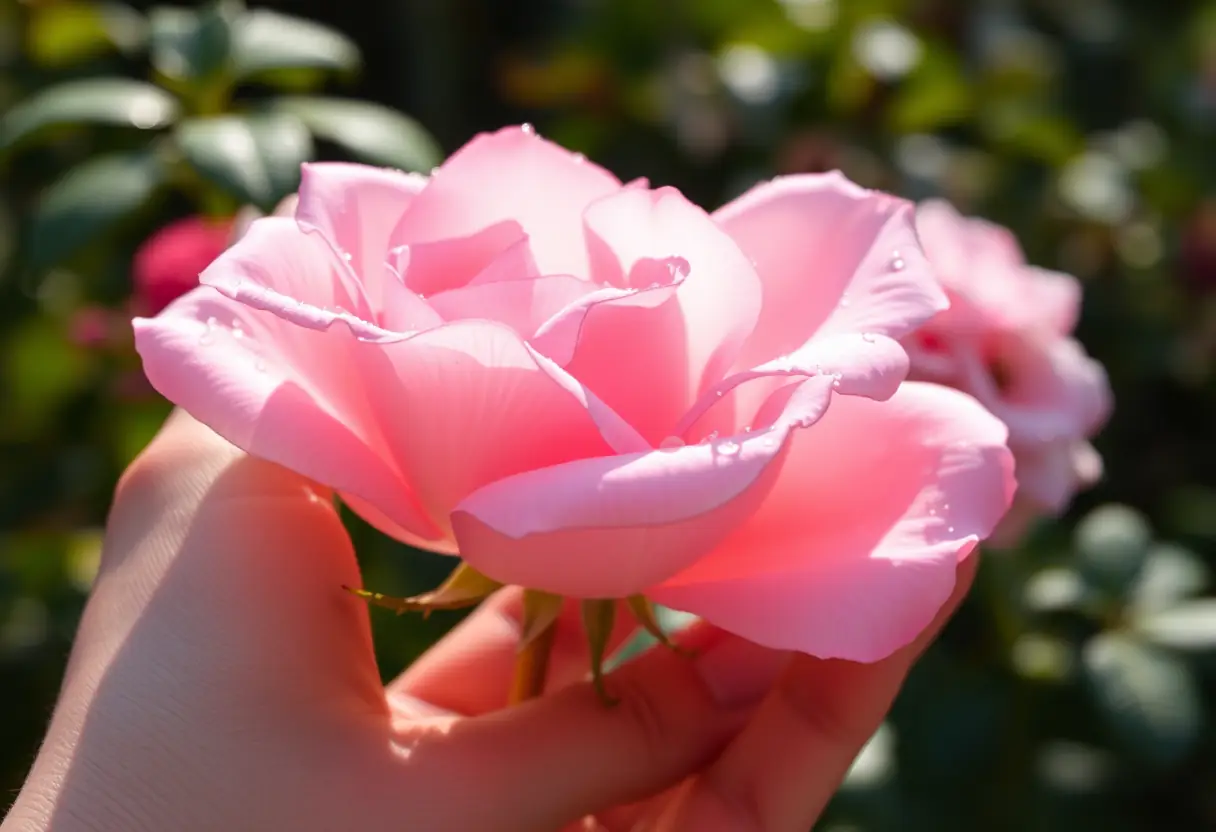 Une main tenant une rose rose avec des gouttes d'eau, dans un jardin ensoleillé