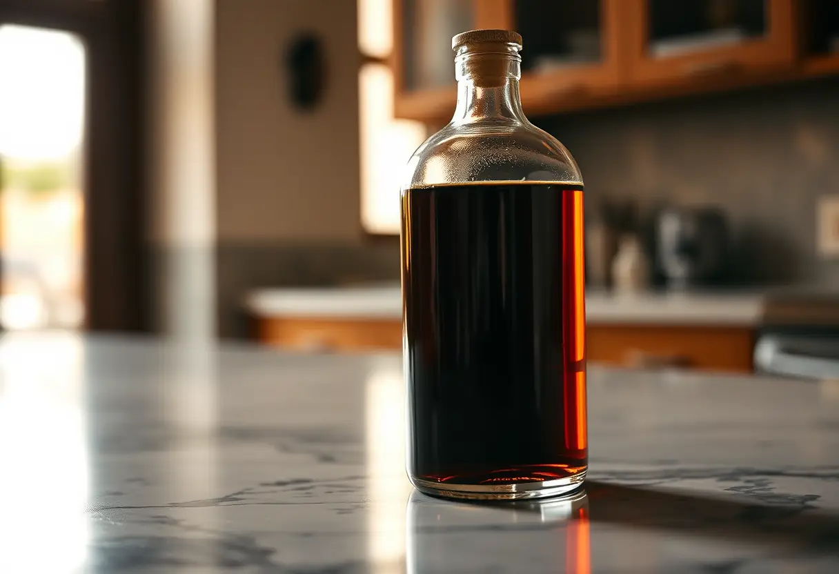 Un flacon en verre contient une liqueur ambrée sur un meuble en marbre