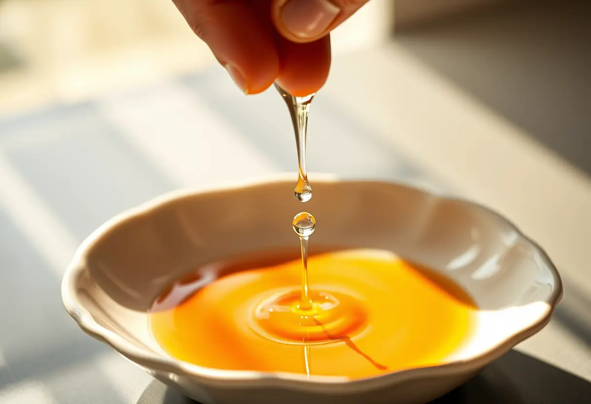 Des gouttes de liquide clair tombant dans un bol en porcelaine, lumière naturelle