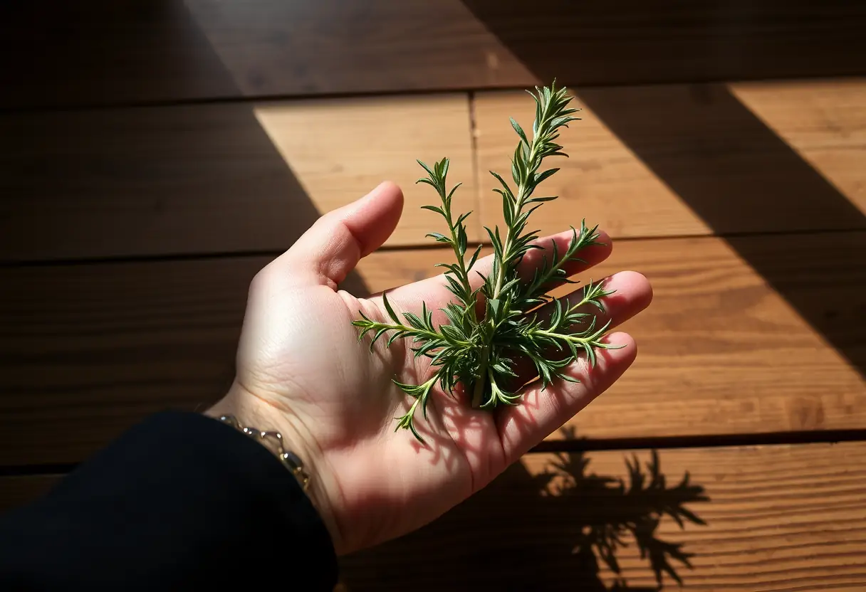Une main tenant une branche de romarin sur une table en bois