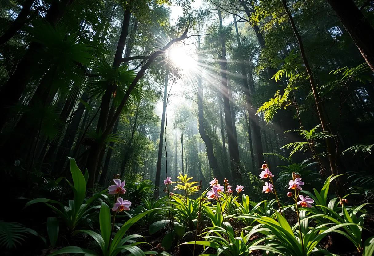 Un vaste panorama de forêt dense, éclairé par la lumière du soleil filtrant à travers le feuillage, mettant en valeur des orchidées sauvages