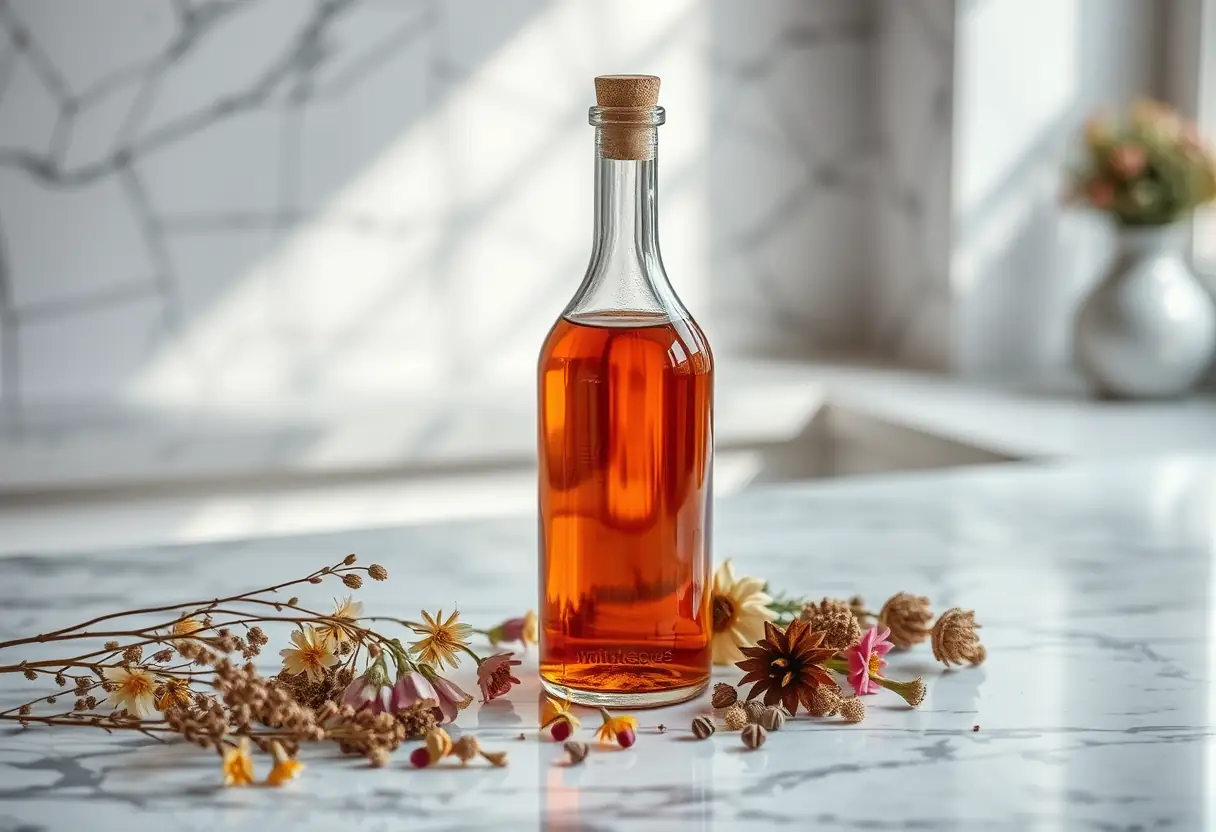 Une bouteille de parfum Givenchy sur un comptoir en marbre, entourée de fleurs sèches