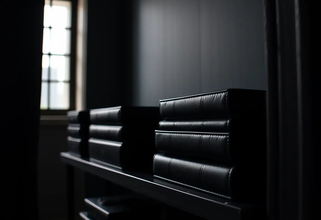 Des boîtes en cuir noir alignées sur une étagère dans une pièce sombre