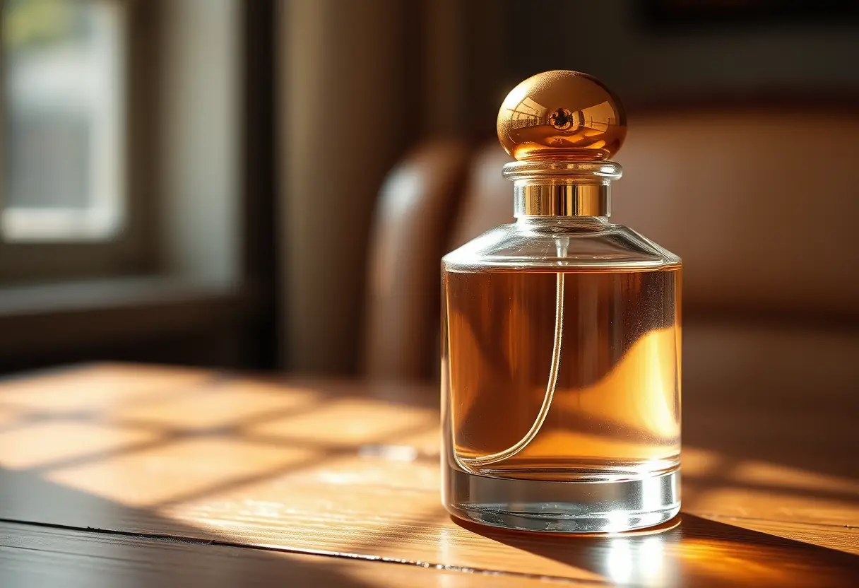Un flacon de parfum sur un bureau en bois, éclairé par la lumière du jour, Le Guide Ultime de la Collection Kylie Cosmetics