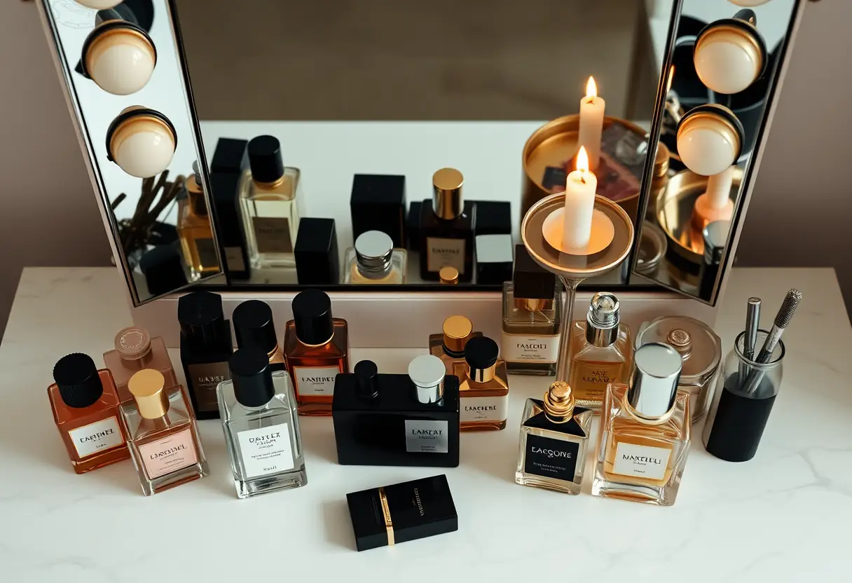 Vue aérienne d'une coiffeuse bien organisée avec des flacons de parfum, des miroirs et une bougie allumée, reflétant la sophistication quotidienne