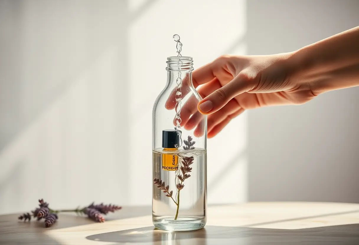 Eau distillée ajoutée à une bouteille de parfum