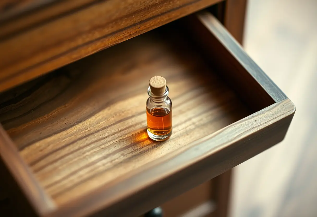 Un tiroir en bois s'ouvrant révélant une fiole contenant du liquide ambre