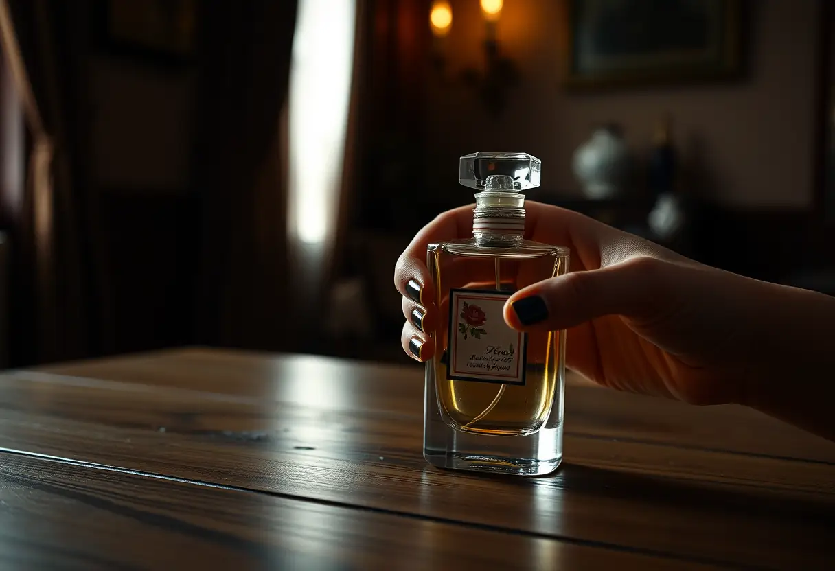 Une main posant une bouteille de parfum sur une table en bois