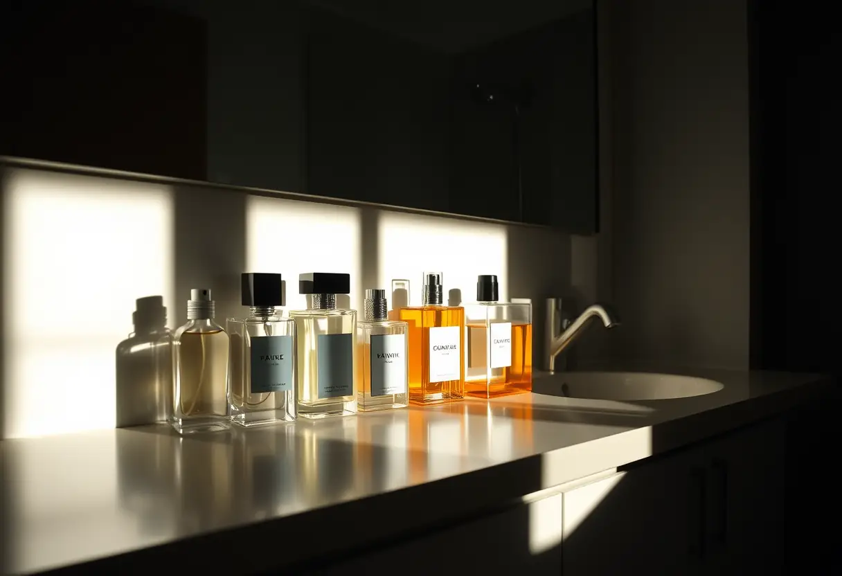 Vue large d'un comptoir de salle de bains avec une variété de bouteilles de parfum alignées, la lumière du matin projette des ombres longues