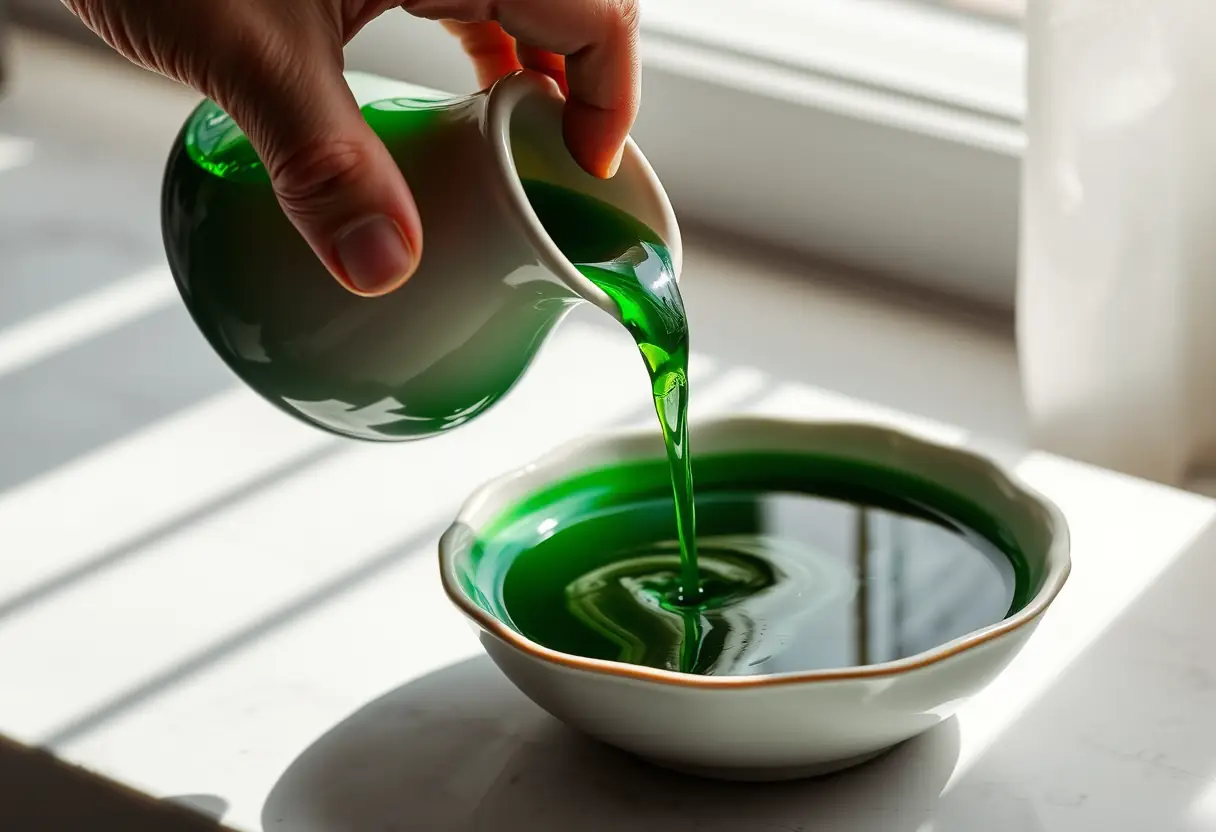 Une main verse un liquide vert foncé dans un récipient en porcelaine