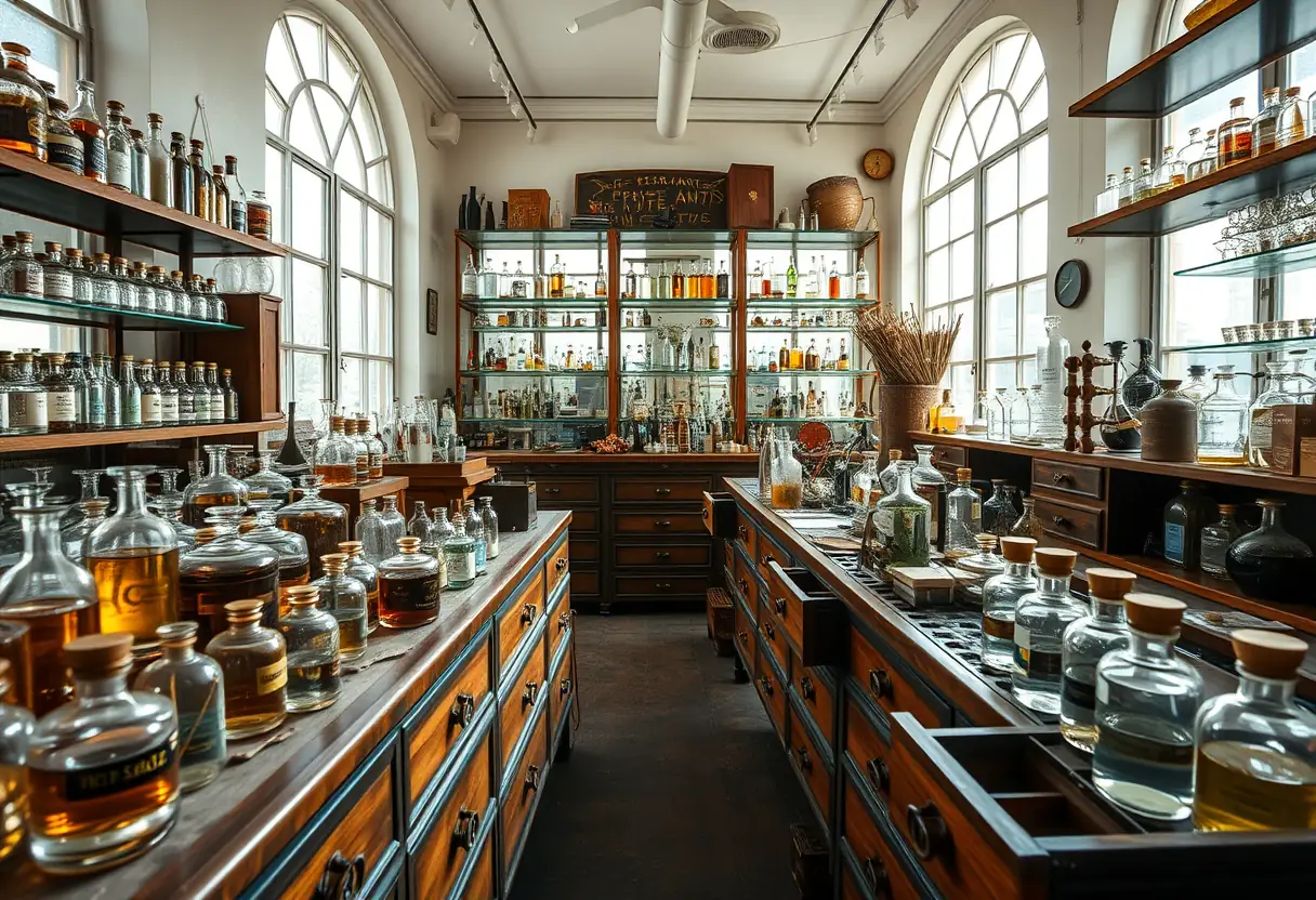 Atelier de parfumeur avec ses bocaux et tiroirs, lumière naturelle