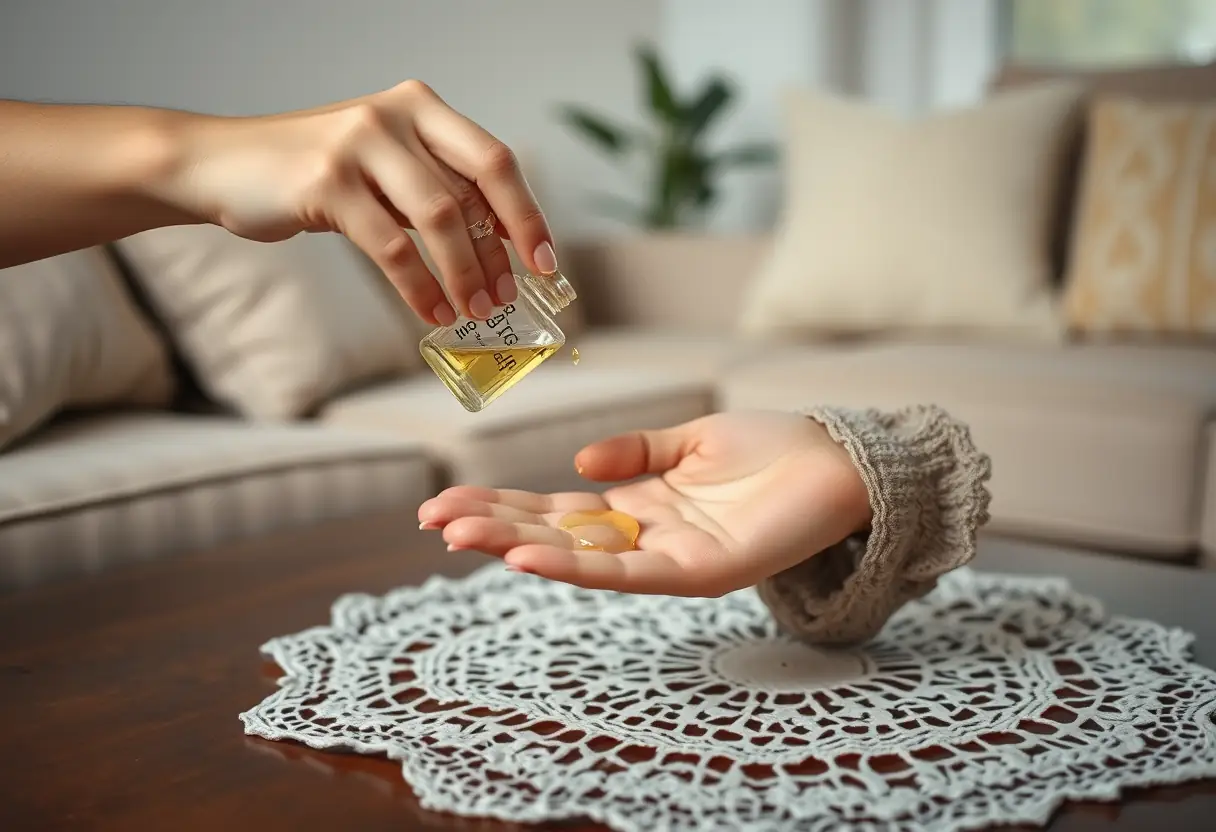 Des mains versent du parfum sur un guéridon dans un salon