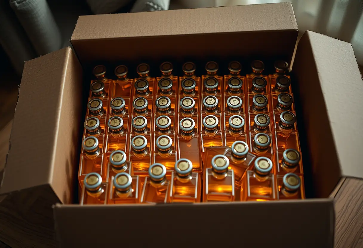Une boîte cartonnée ouverte révélant des bouteilles de parfum rangées