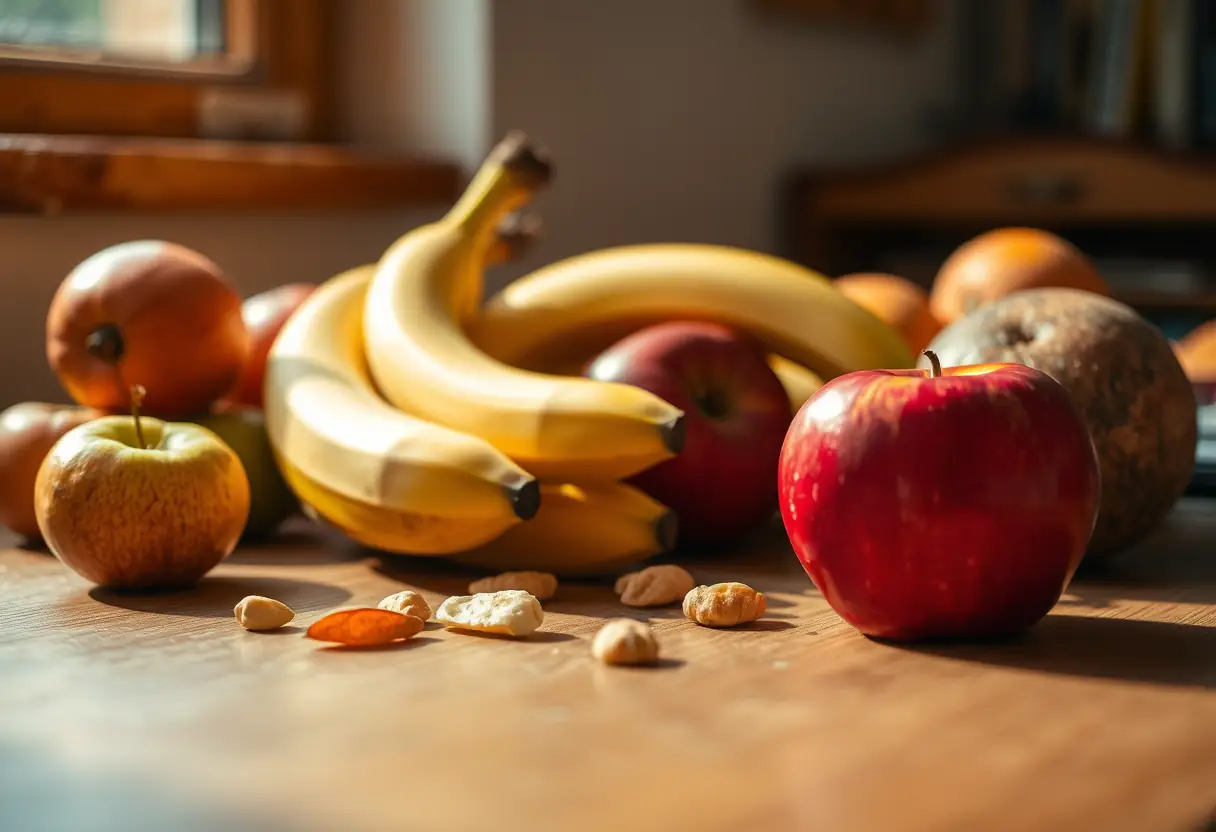 Un bureau en bois avec divers fruits éparpillés dessus