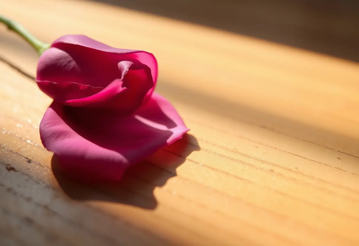 Un pétale de rose posé sur une table en bois