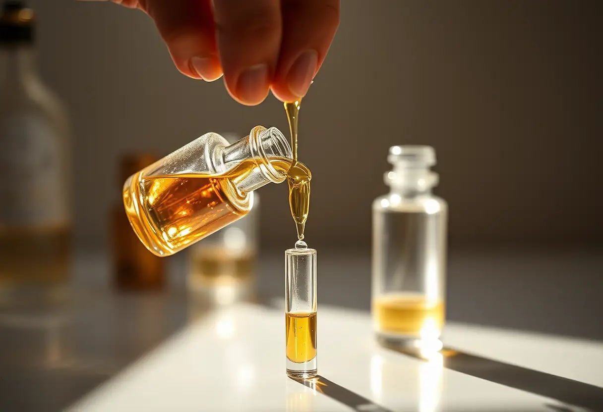 Une main verse un liquide parfumé dans un flacon de verre