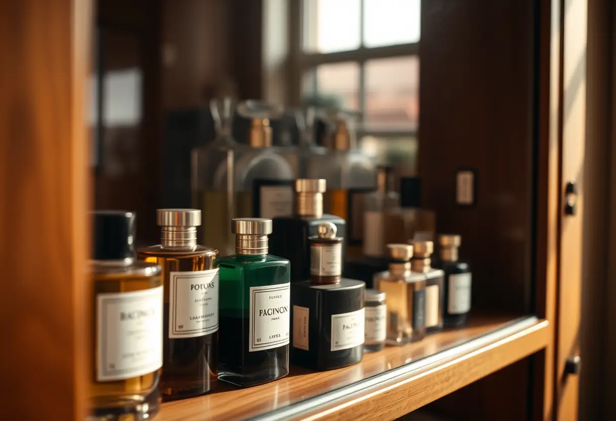 Un meuble en bois avec des bouteilles de parfum sous la lumière du soleil