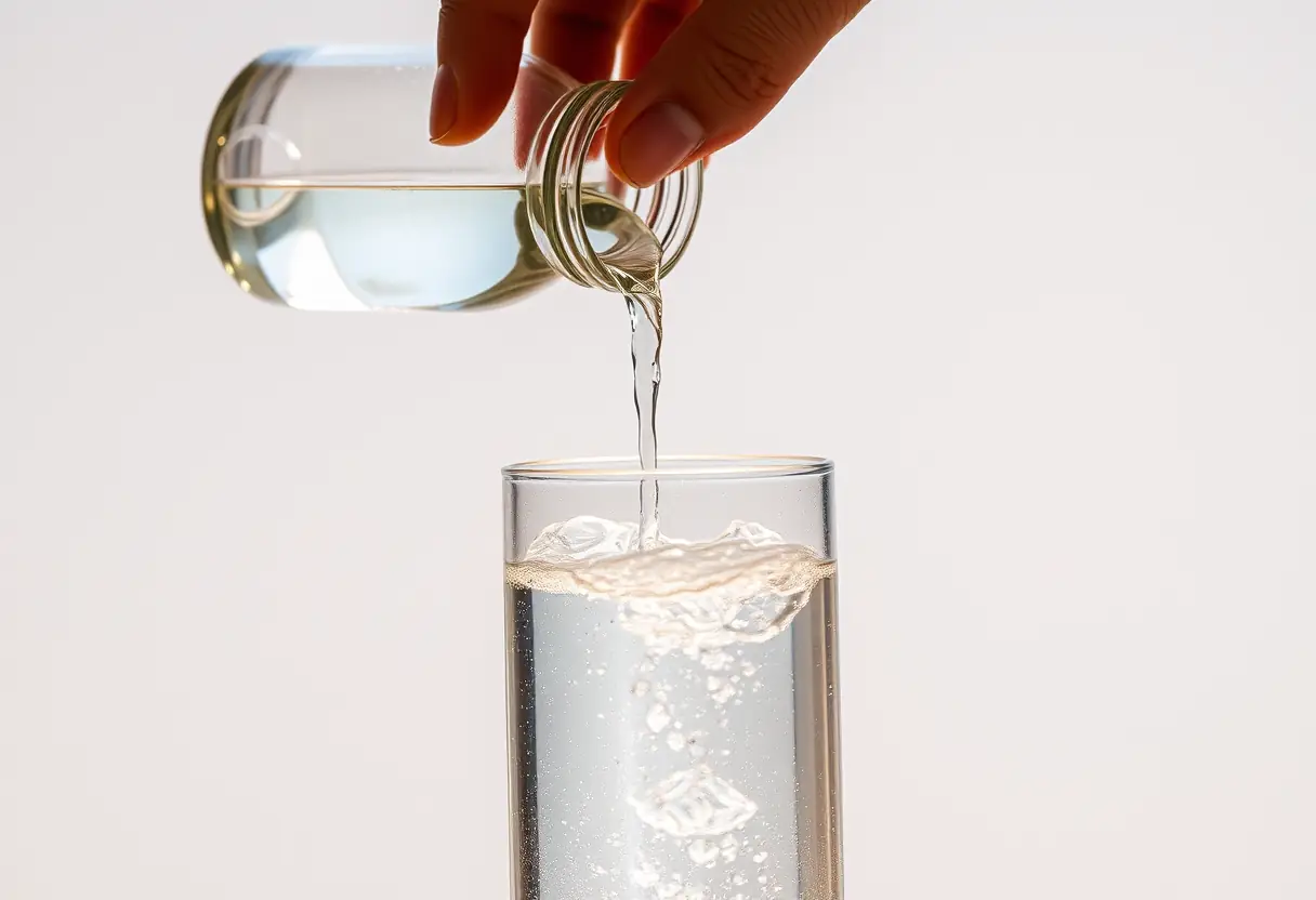 Une main qui verse un liquide clair dans une bouteille d'eau, créant des reflets scintillants
