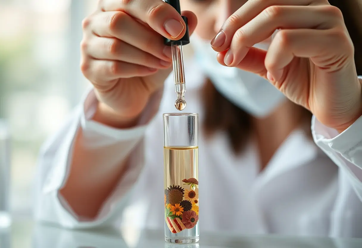 Scientifique tenant un burette au-dessus d’un tube de test contenant des parfums