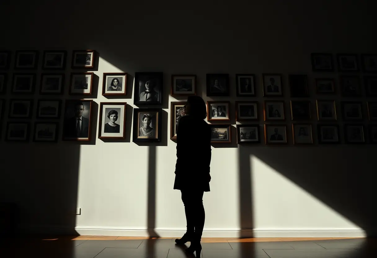 Une femme devant une fenêtre remplie de photos encadrées, mettant en valeur l'individualité des parfums