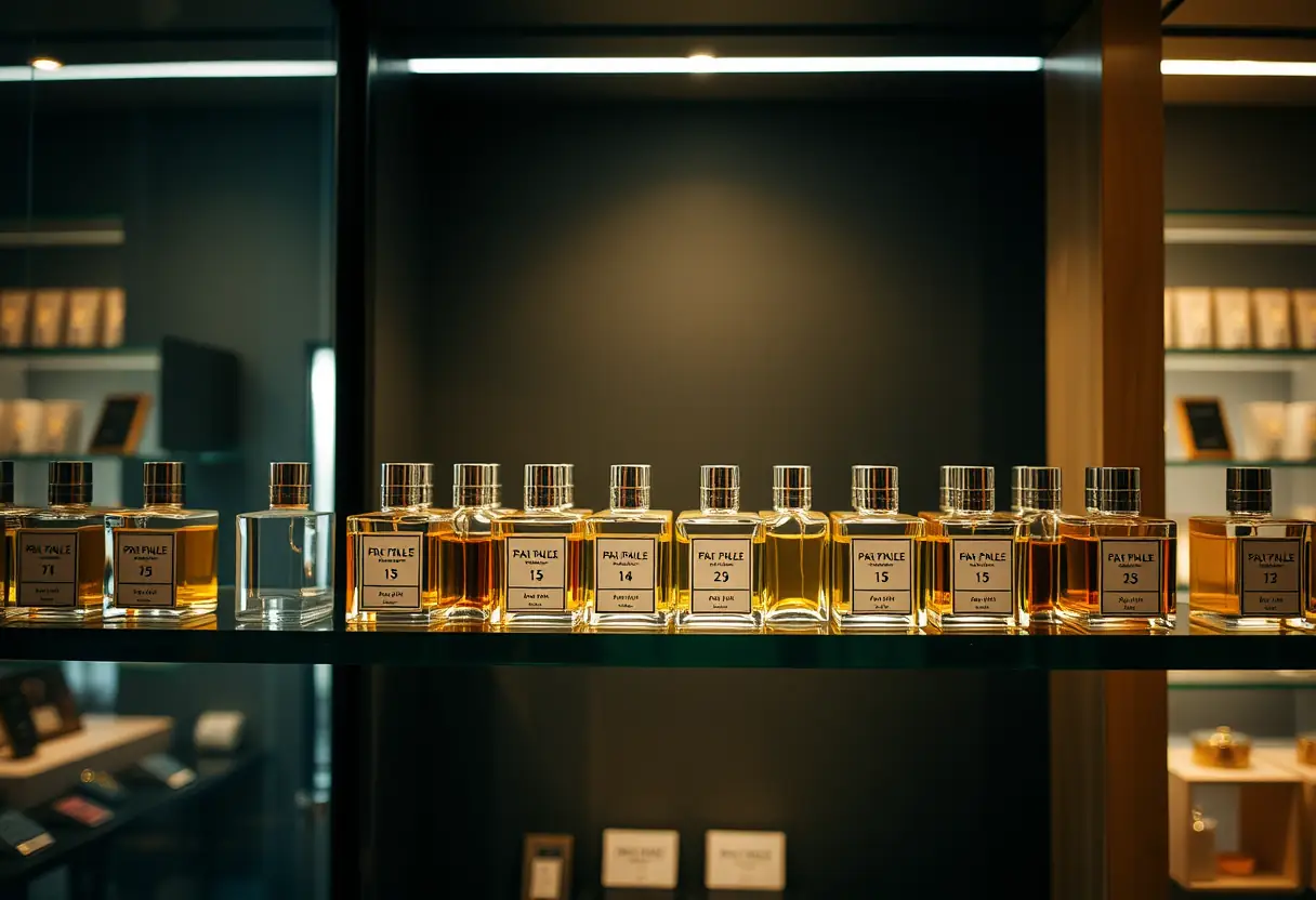 Des échantillons de parfums alignés sur une étagère dans une parfumerie