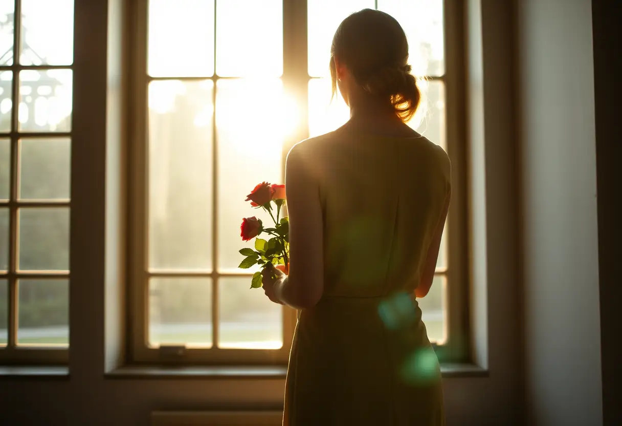 Une personne tenant une branche de roses devant une fenêtre