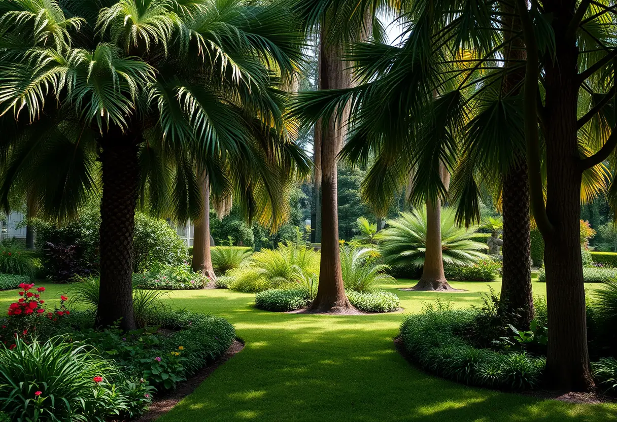 Vue panoramique d'un jardin luxuriant avec de grands arbres