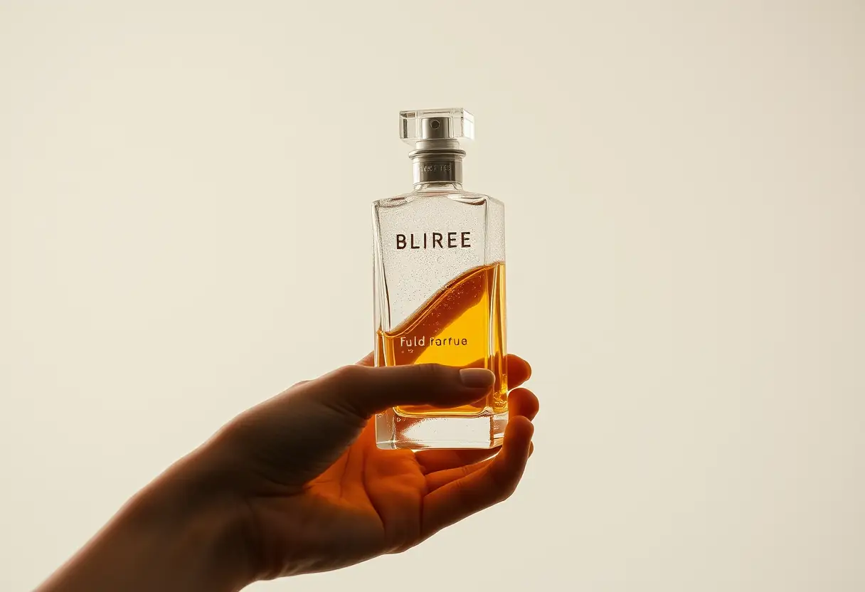 Une main tenant un flacon de parfum, la lumière révélant les gouttes cristallines, soulignant l'élégance de la fragrance