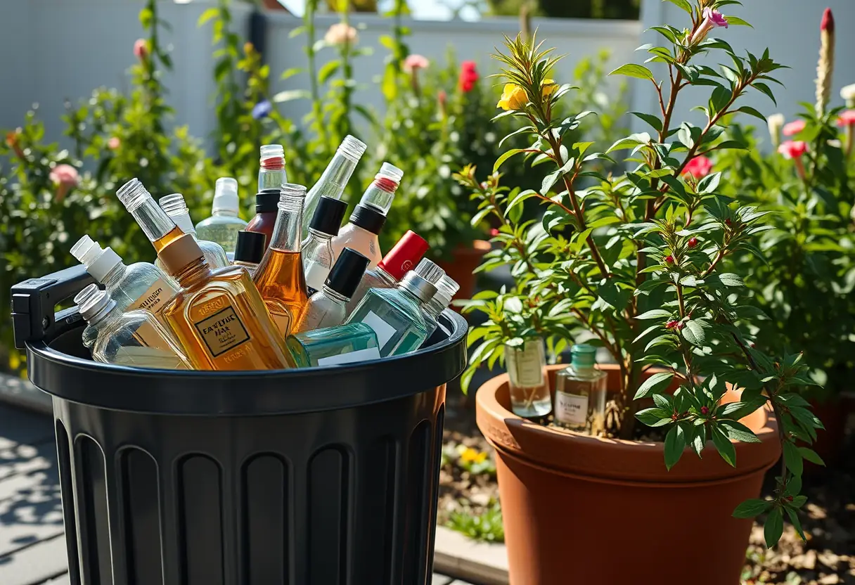 Un bac de recyclage plein de flacons vides de parfum près d'un pot de fleurs dans un jardin ensoleillé