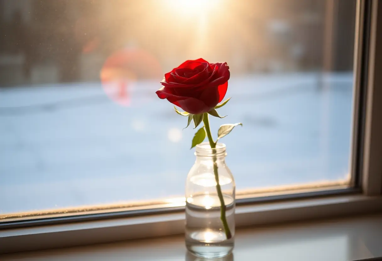 Un bouquet de roses rouges sur un rebord de fenêtre