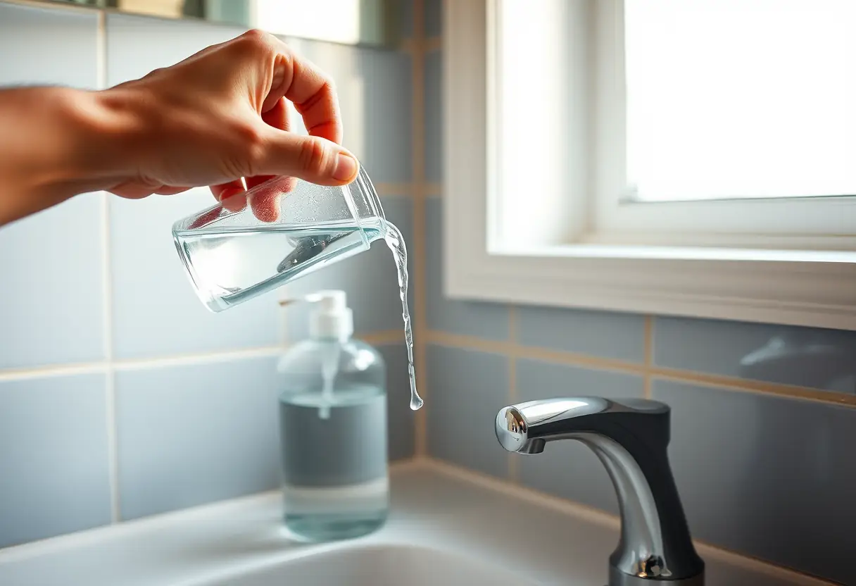 Une main verse de l'eau sur un distributeur de savon en verre dans une salle de bains, lumière douce naturelle