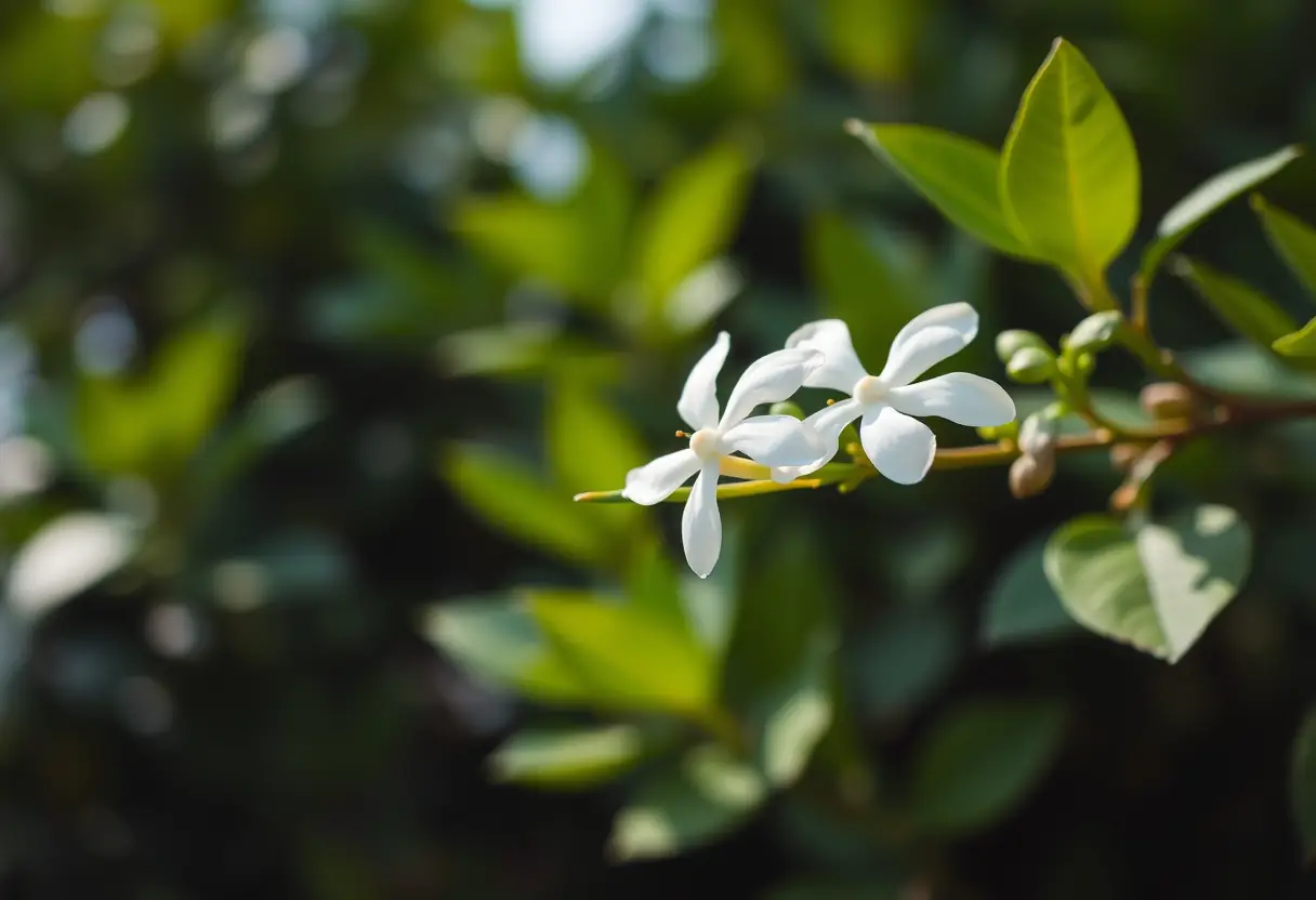 Un bouquet de jasmin aux pétales blancs contre un arrière-plan verdoyant
