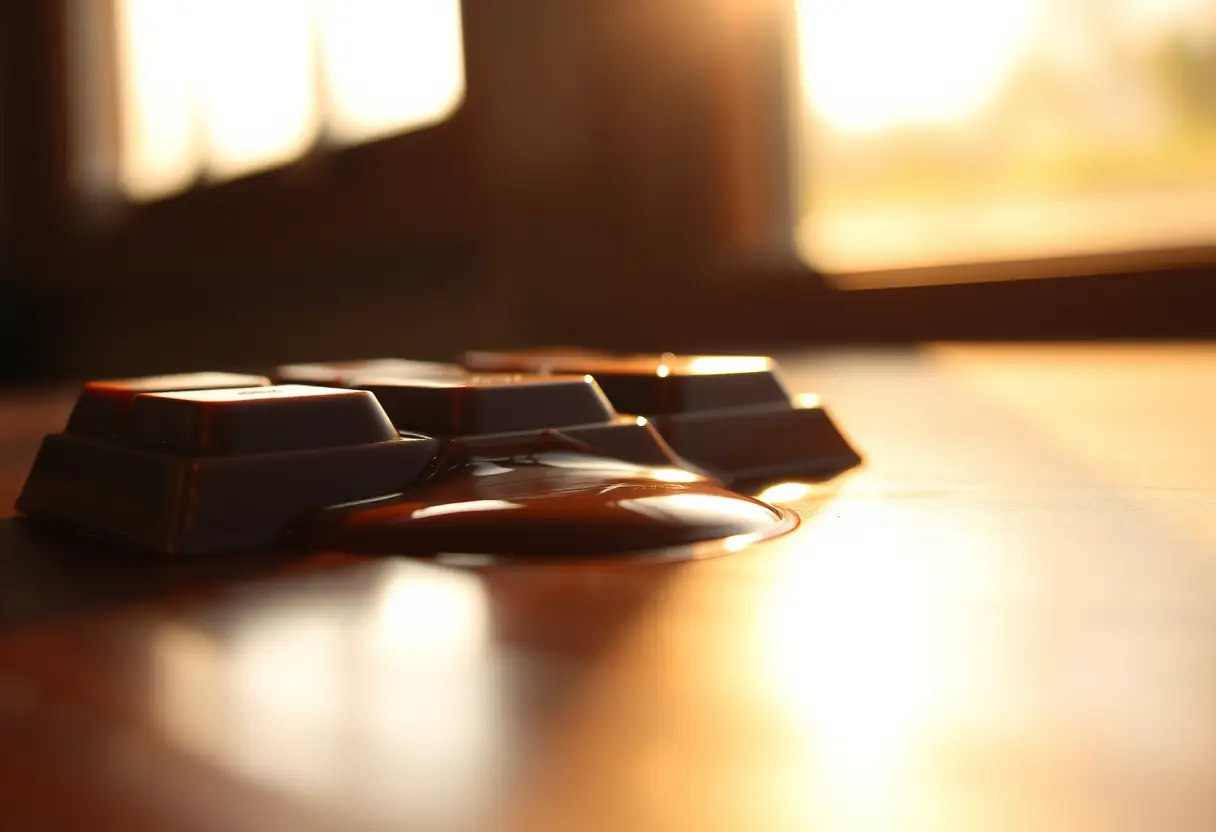 Vue rapprochée d'une tablette de chocolat qui fond légèrement sous la lumière chaude du soleil, mettant en valeur la qualité luxueuse du chocolat