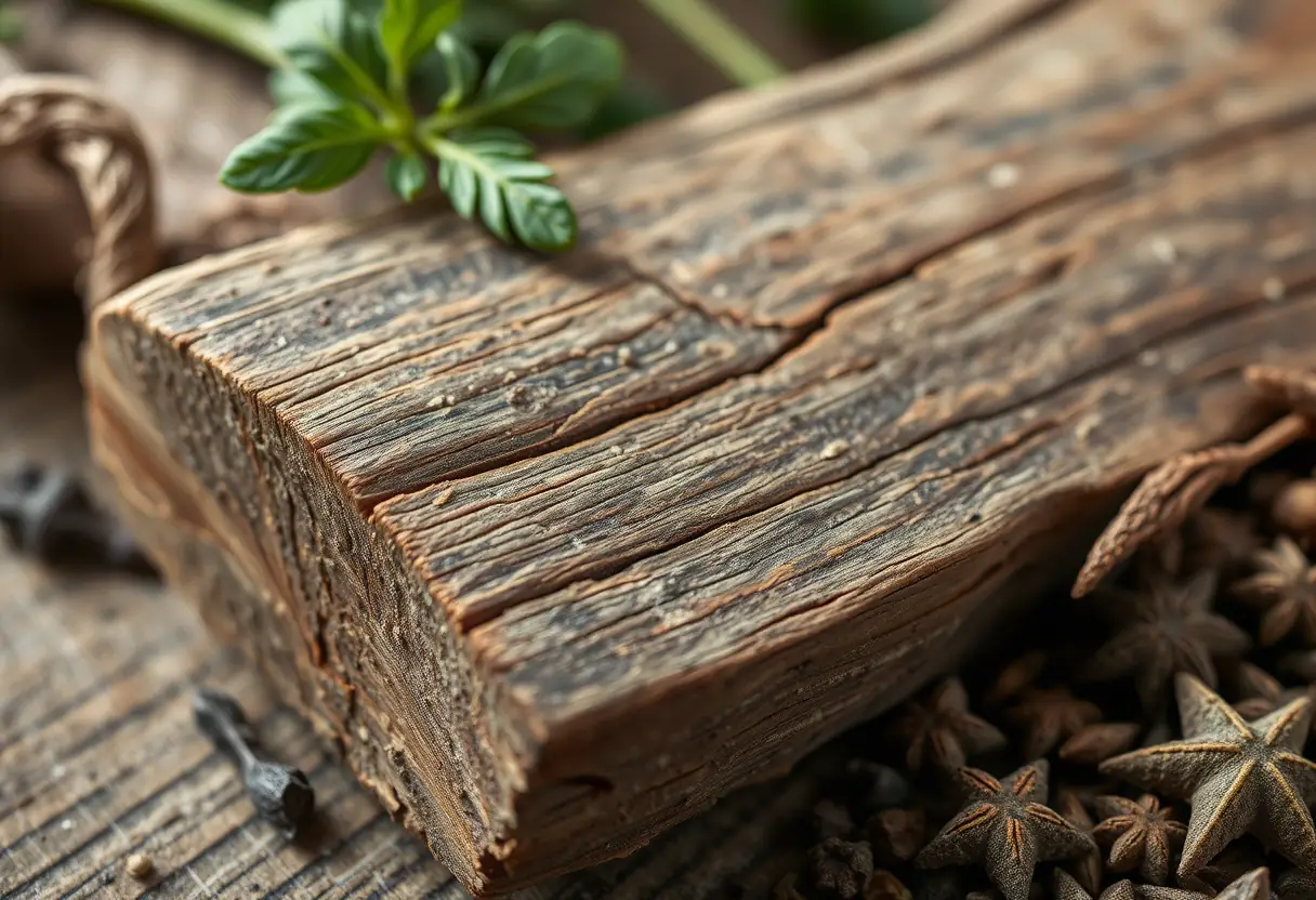 Un morceau de bois brut avec des herbes sèches et des épices