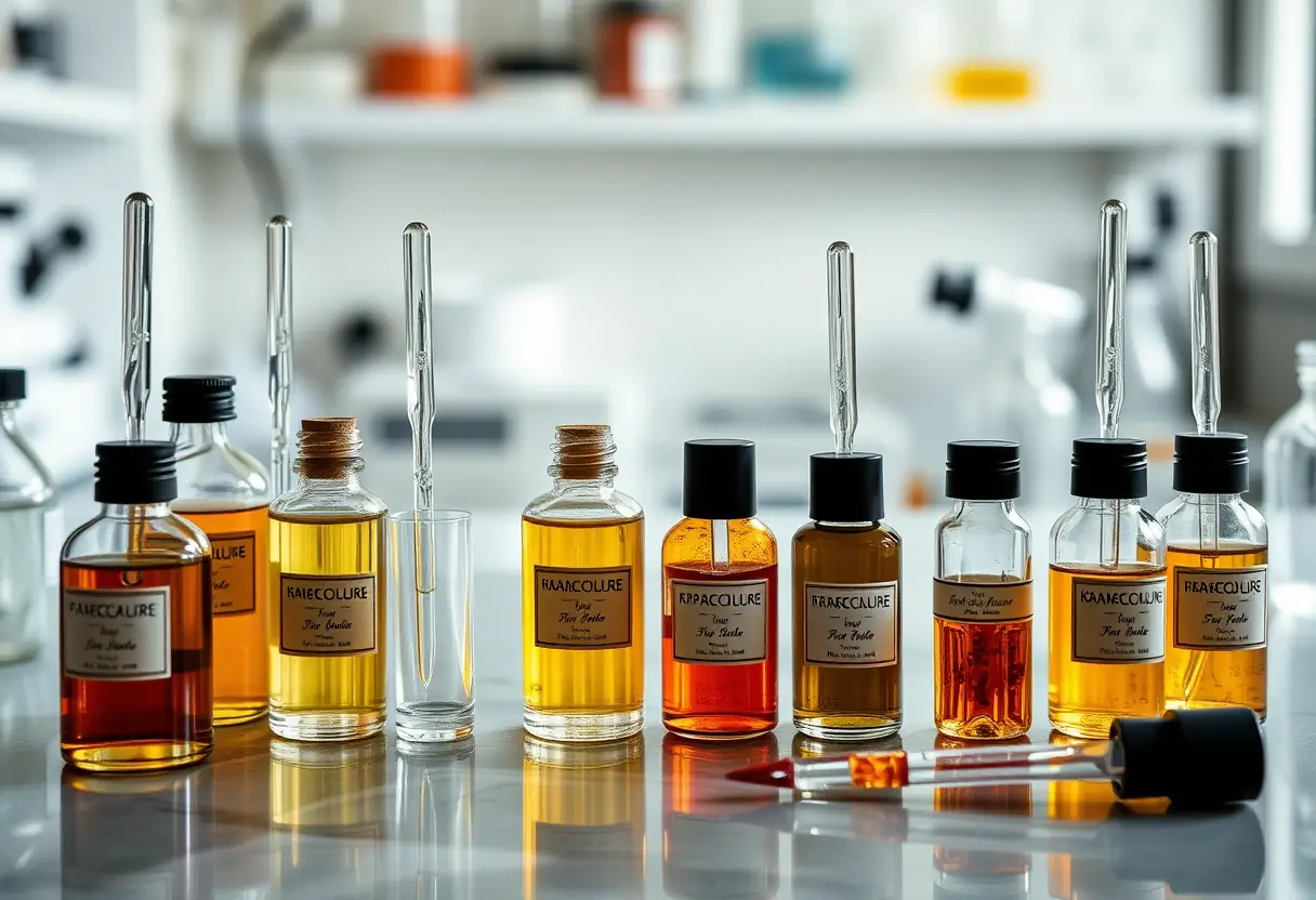 Flacons et pipettes sur un banc de laboratoire pour essences de parfum
