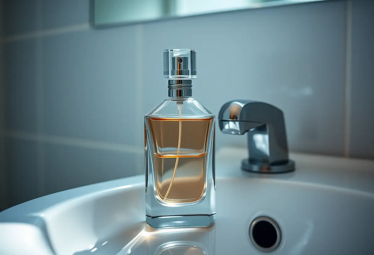 Un flacon parfum en cristal sur une table de toilette, reflétant la lumière