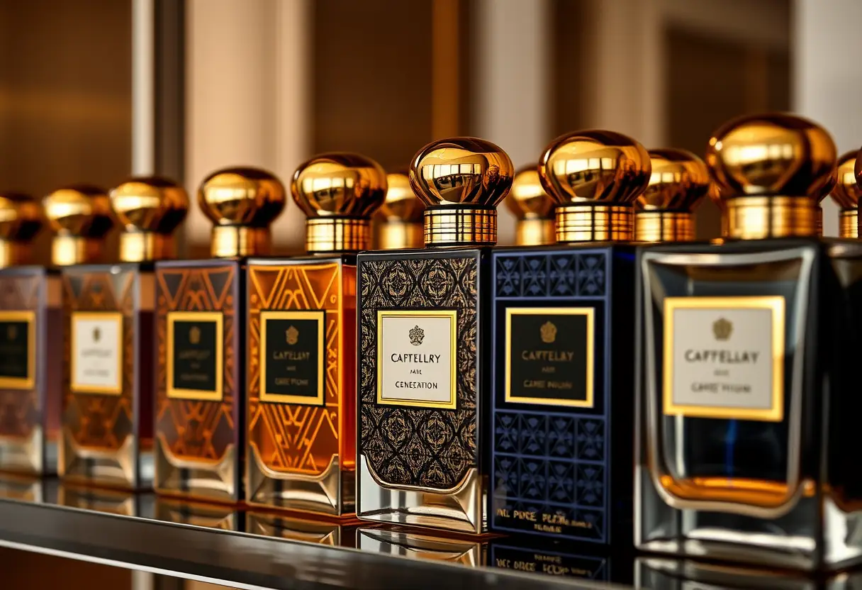 Alignement de flacons de parfum avec des motifs géométriques distincts et des accents dorés