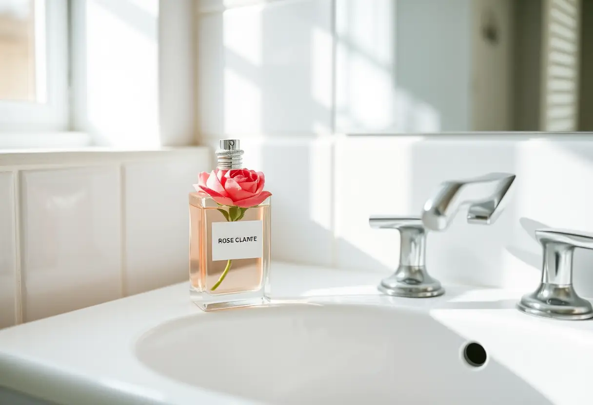 Une bouteille en verre remplie de parfum à la rose dans une salle de bains bien éclairée.