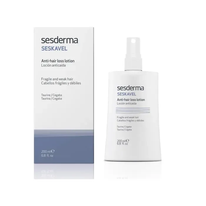 Lotion anti-chute Sesderma Seskavel 200ml pour stimulation de la microcirculation du cuir chevelu et réduction de la chute des cheveux, renforcement et croissance des cheveux, application en massage pour cheveux plus denses et vigoureux, soin capillaire pour femmes et hommes