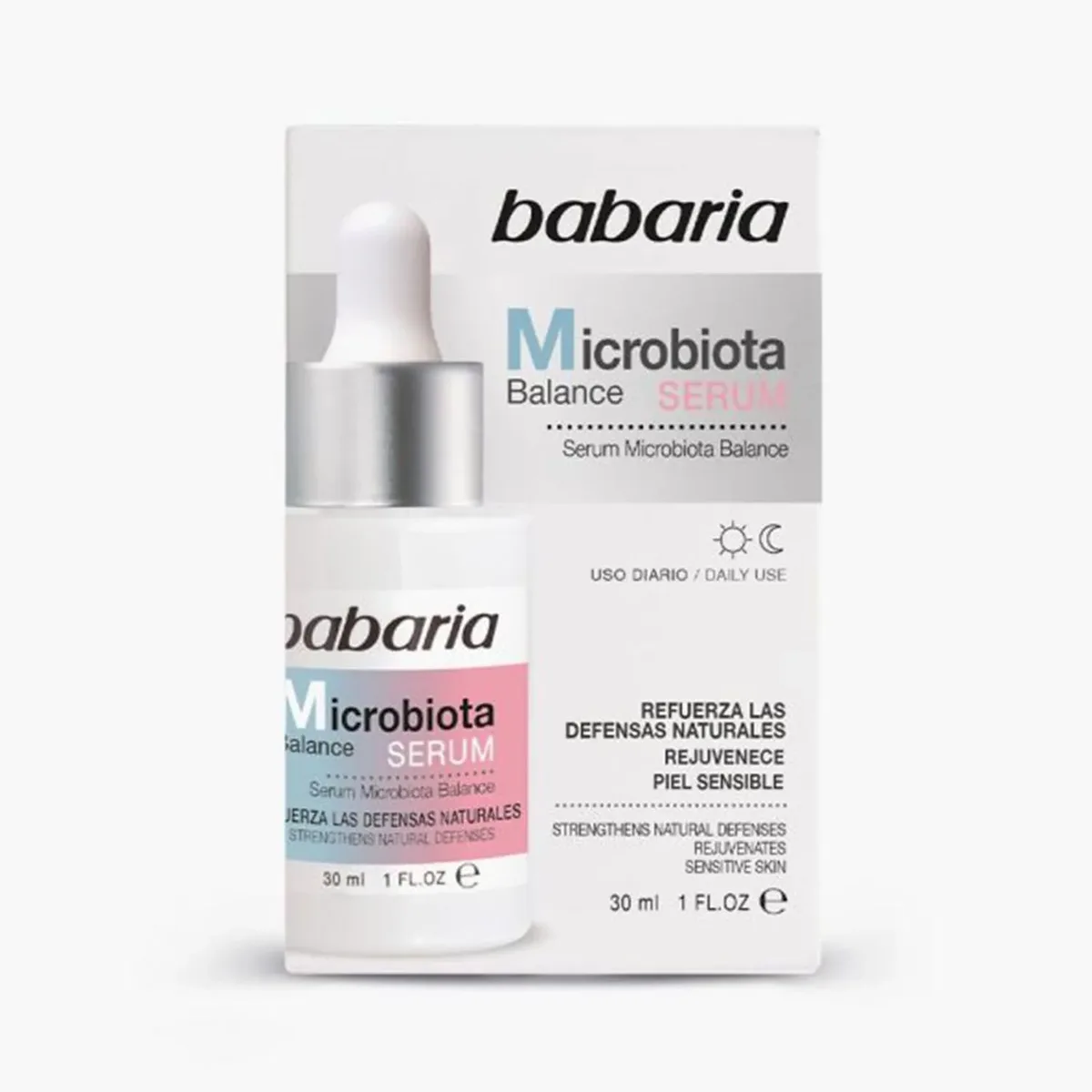 Sérum microbiota balance babaria pour peau sensible apaisante et éclatante quotidien usage texte légèrement absorbant formulation prébiotiques postbiotiques
