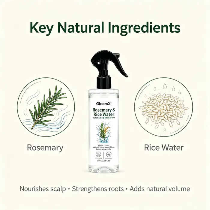 Spray capillaire à la rose et à l'eau de riz, formulé avec des extraits 100 % naturels, formule légère et non grasse pour des cheveux plus doux et lisses.