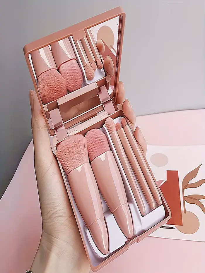 Ensemble de pinceaux de maquillage portables 5 pièces avec miroir-Kit de voyage pliable