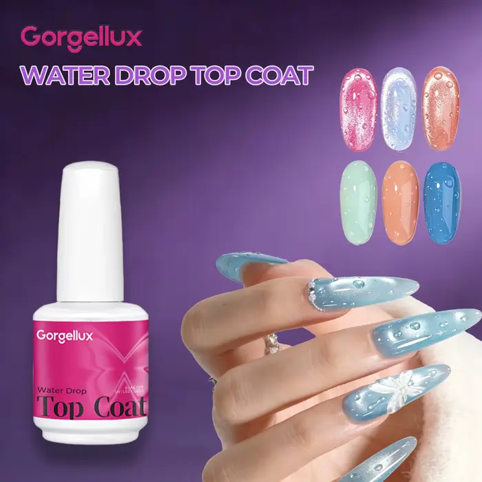 Gorgellux Top Coat Gel Effet Goutte d'Eau Sans HEMA/TPO 15ml Sans Résidu Longue Durée Effet 3D Eau Rapide Nail Art DIY Salon Maison 1/2pc