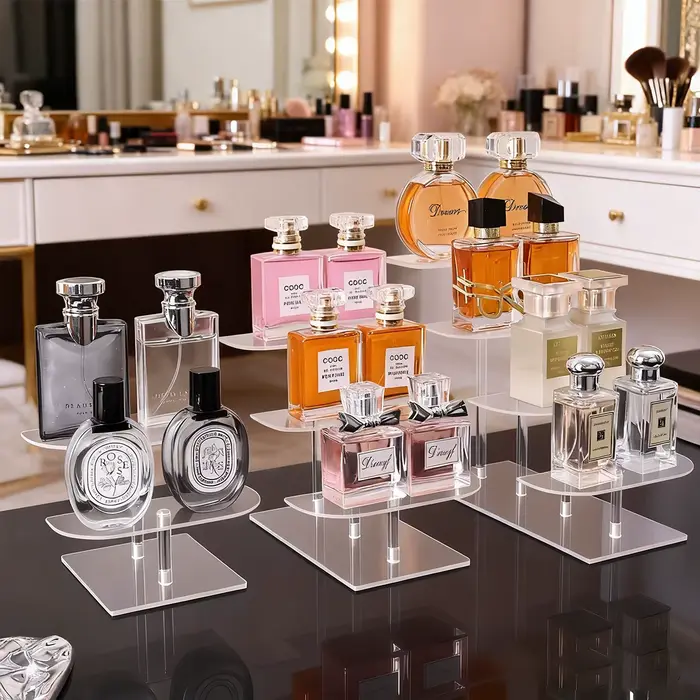 1 pièce Étagère de présentation de bureau à 2-4 niveaux, en acrylique transparent, à niveaux, idéale pour organiser les parfums et les figurines
