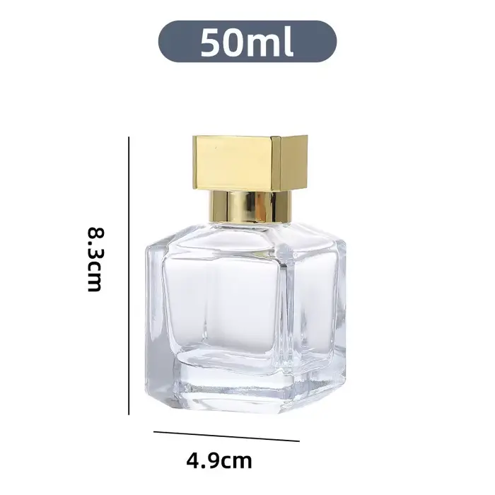 Flacons de parfum en verre transparent de 50 ml, flacons vaporisateurs, flacons carrés vides, flacon de parfum transparent, essentiels de voyage