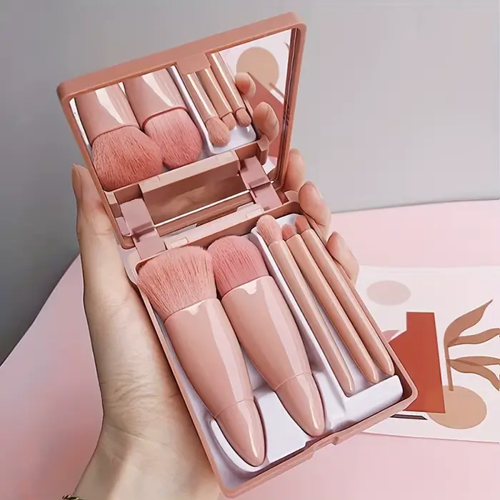 Ensemble de pinceaux de maquillage portables 5 pièces avec miroir-Kit de voyage pliable