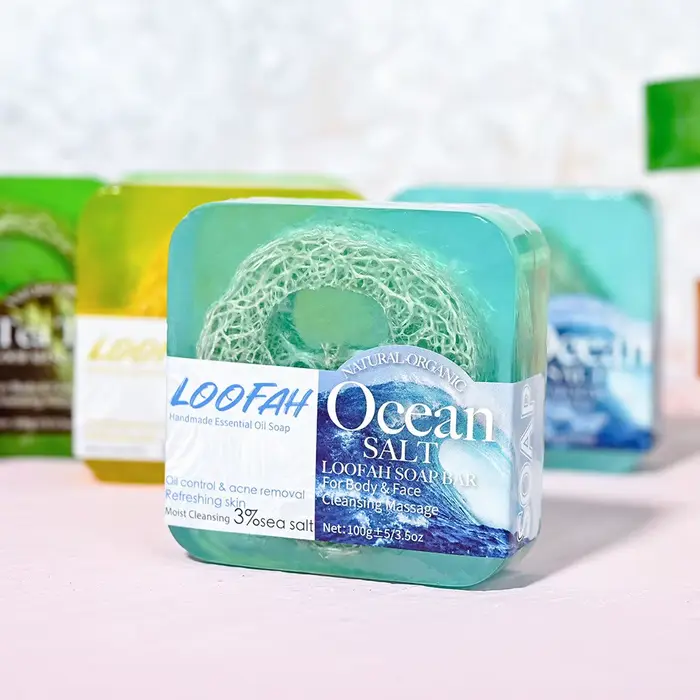 Savon d'huile essentielle de bain de nettoyage en profondeur de sel de mer de luffa, mousse riche et