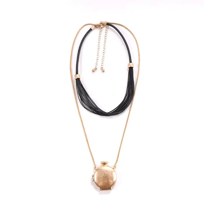 Collier à plusieurs couches avec cordon noir et pendentif médaillon doré, flacon de parfum ouvrable,